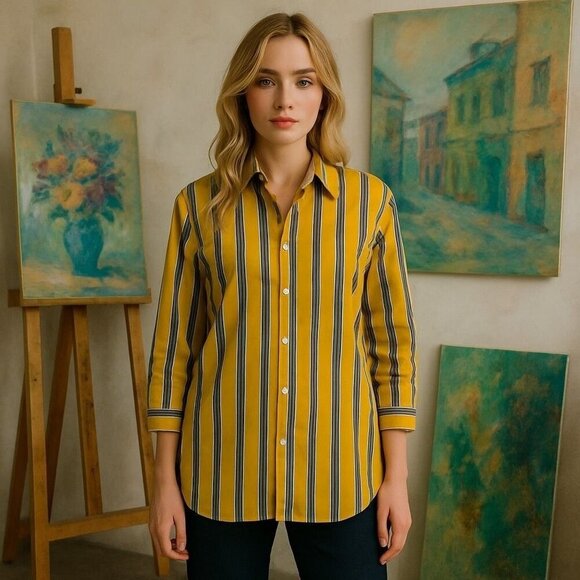 Lauren Ralph Lauren Tops - Lauren Ralph Lauren Yellow Striped Boxy Button Down Peasant Bohemian Artsy 1X